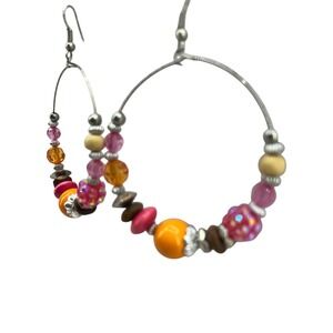 Boho Beaded Hoop Earrings Pink Orange Brown Wood Silver Tone Dangle 2.5 Inch
